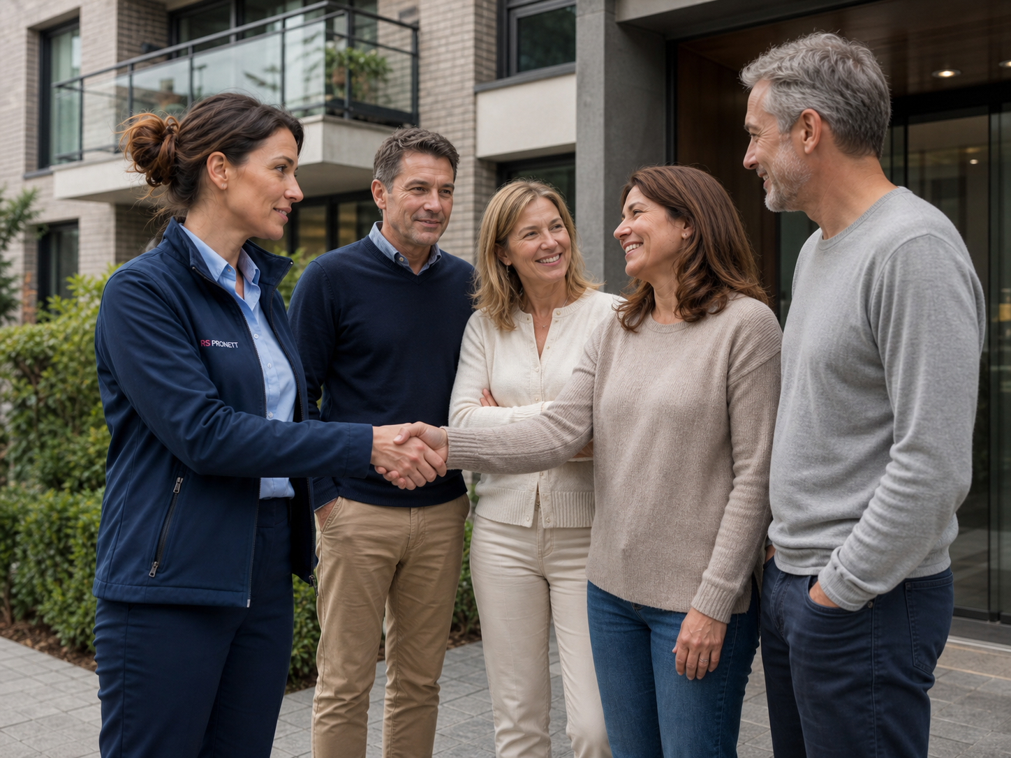 Responsable d’exploitation RS PRONETT échangeant chaleureusement avec quatre copropriétaires devant leur immeuble