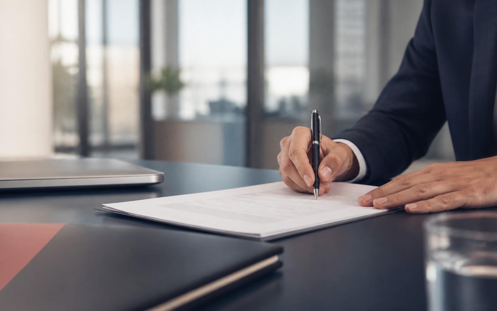 Documents professionnels relus et signés dans un cadre de travail contemporain