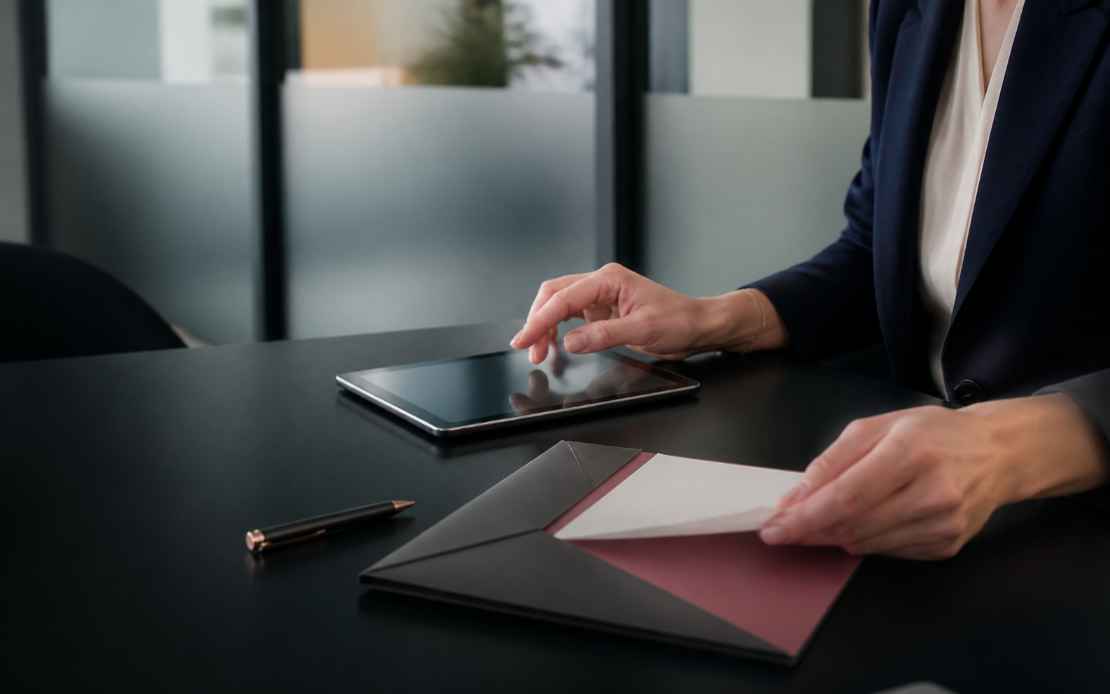 Professionnelle consultant une tablette et classant un document confidentiel